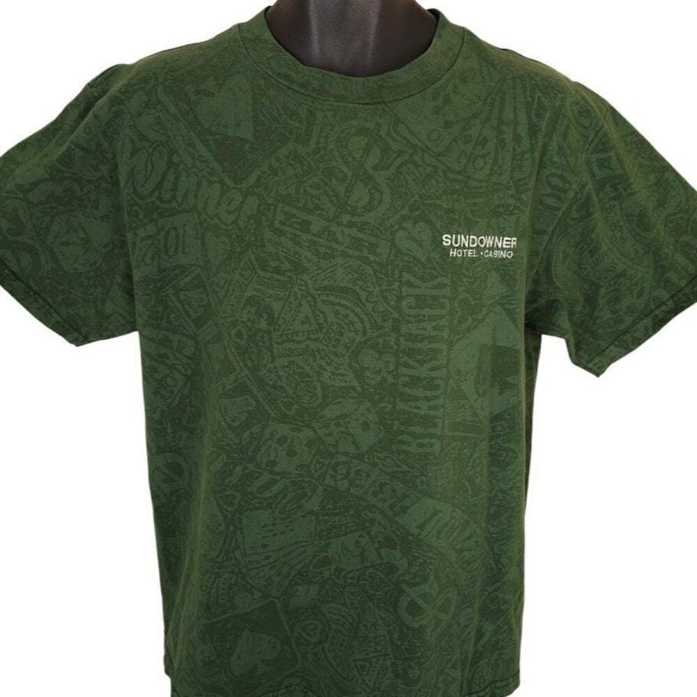 Vintage Sundowner Casino T Shirt Mens Size Large Green 90s All Over Print CLOSED